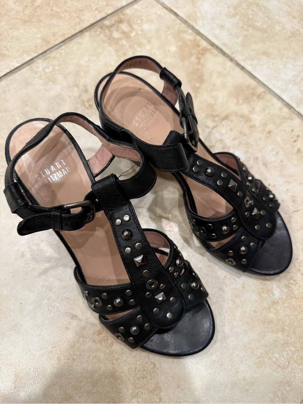 Stuart Weitzman Black Studded T-Strap Heels